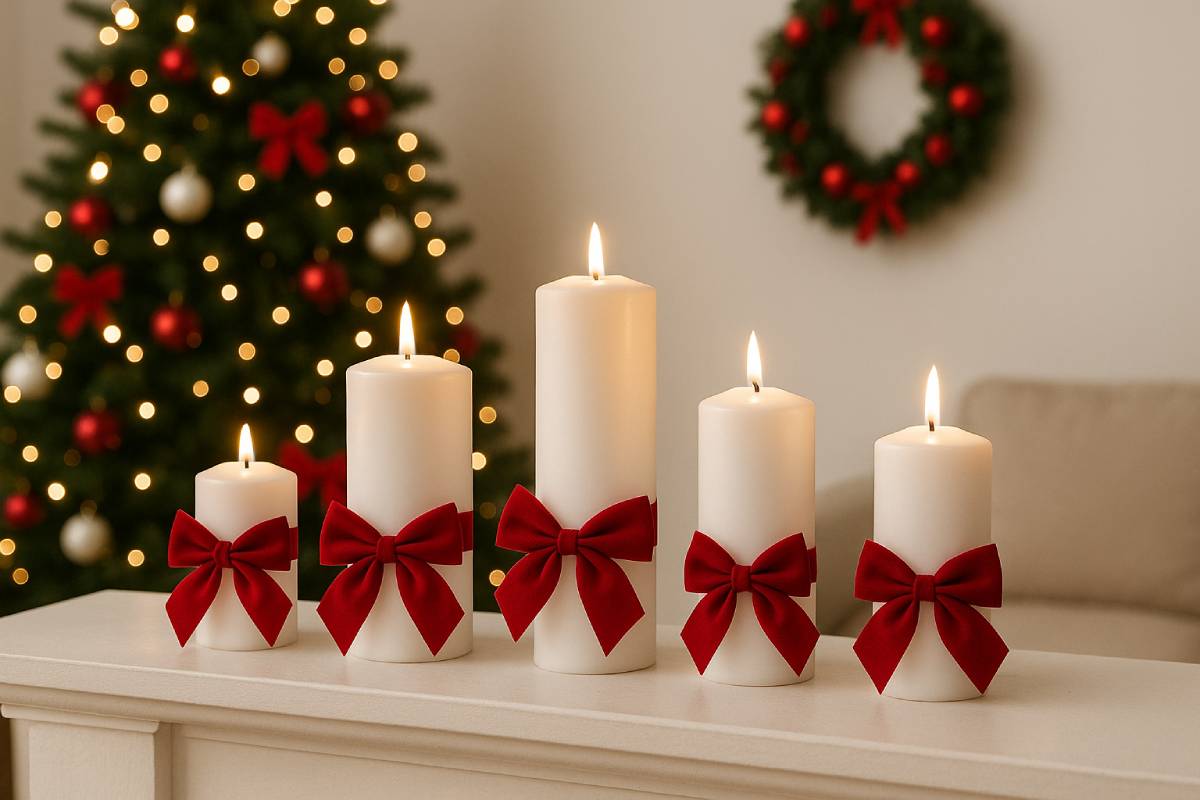 white candles with red bow in christmas living room