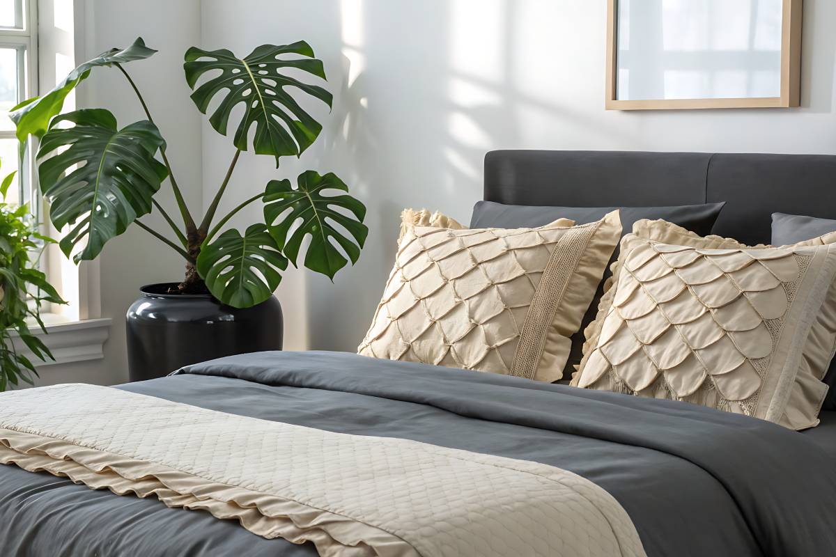 bedroom with monstera plant