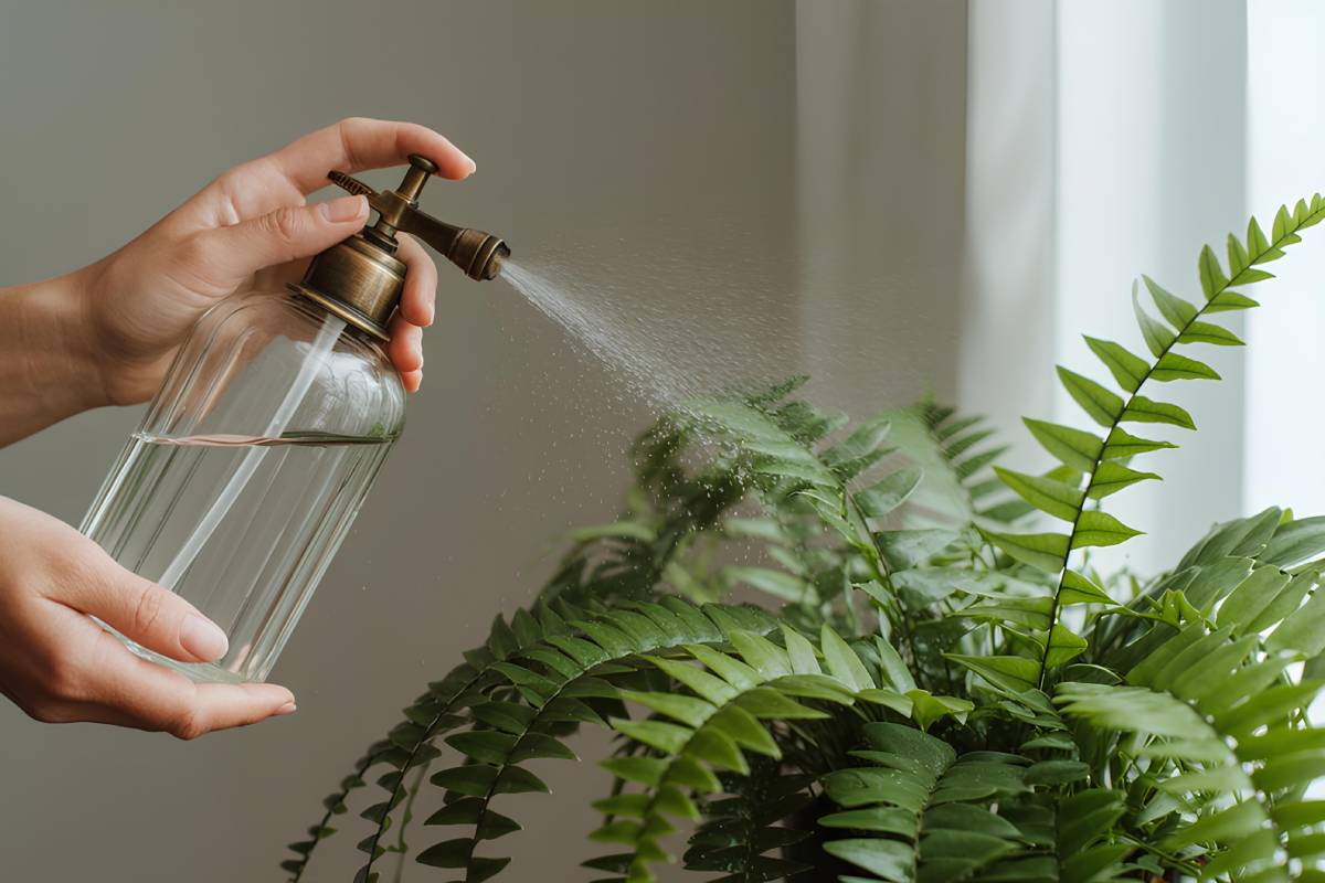 woman watering fern indoors