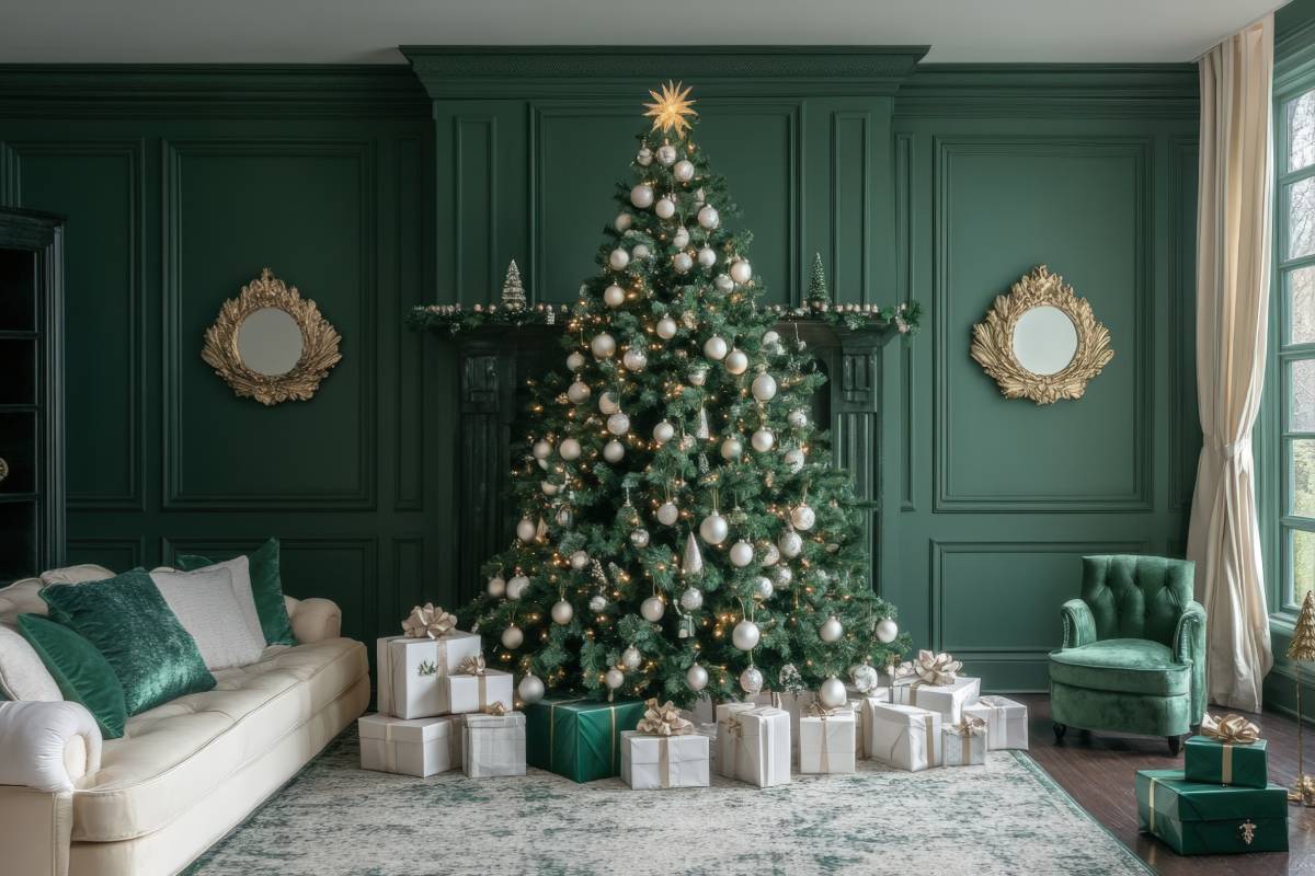green and white Christmas living room
