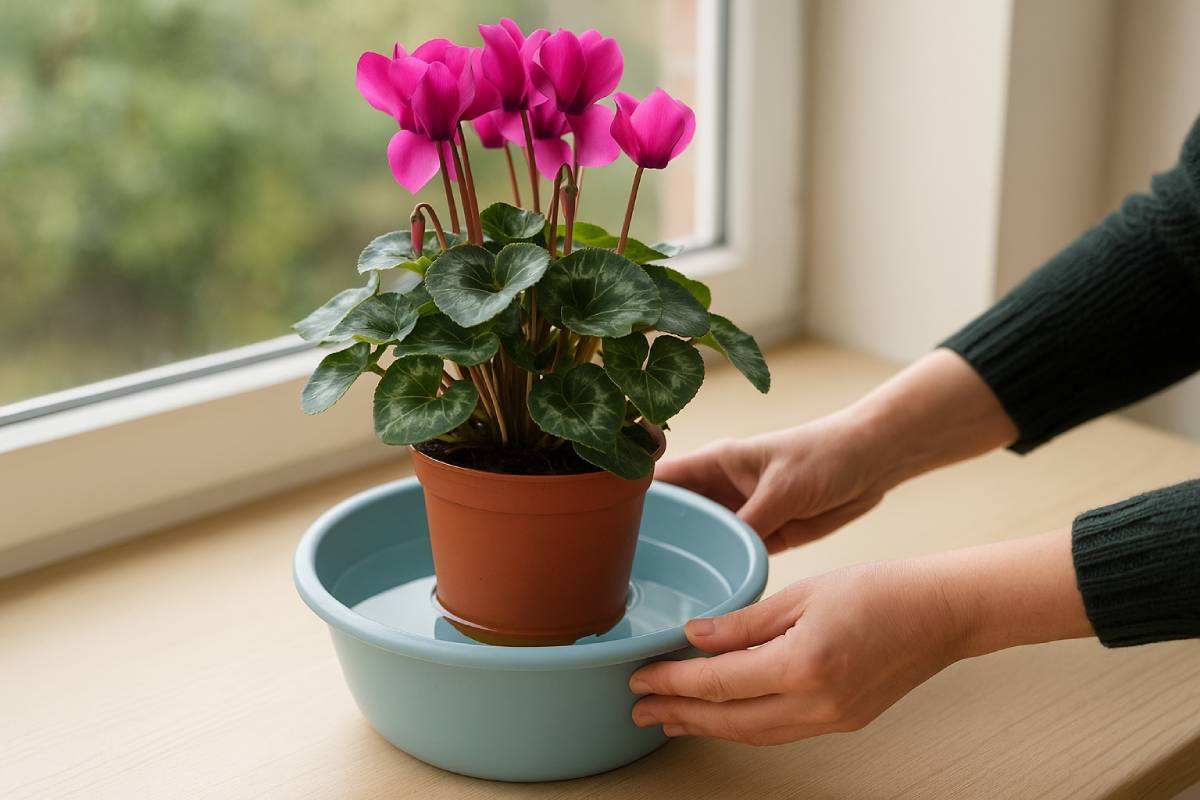 vase with cyclamens immersed in water