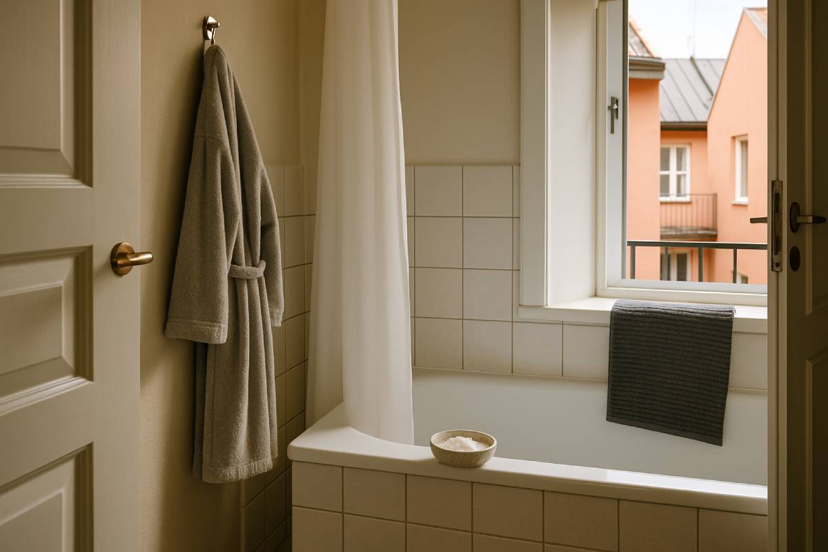 bowl with coarse salt in the bathroom, natural dehumidifier against mold in the bathroom