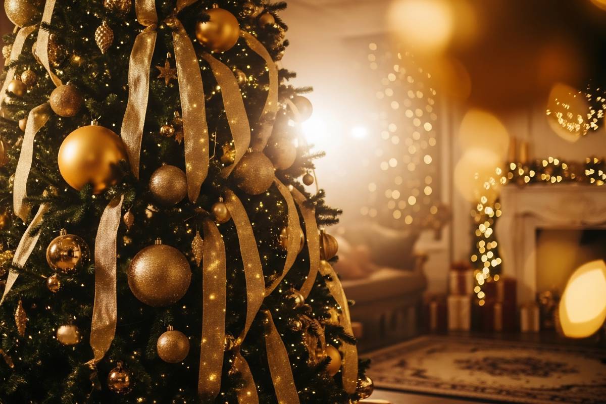 golden ribbons and balls for christmas tree