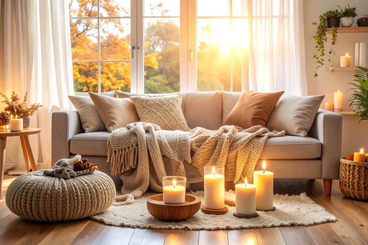 living room with candles and blanket on the sofa, for a warm home