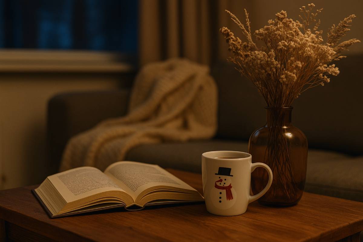 a book, a cup, a sofa with a blanket, objects that make the house warm