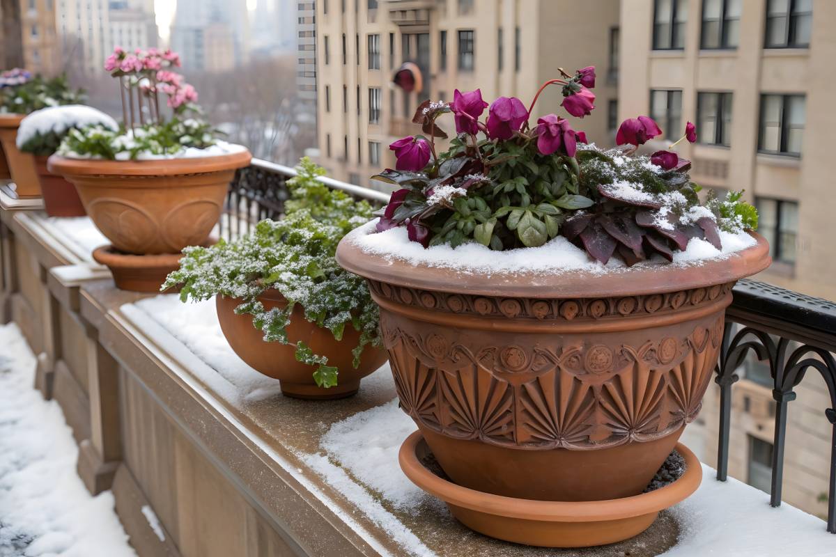 cyclamens in the winter frost on the balcony