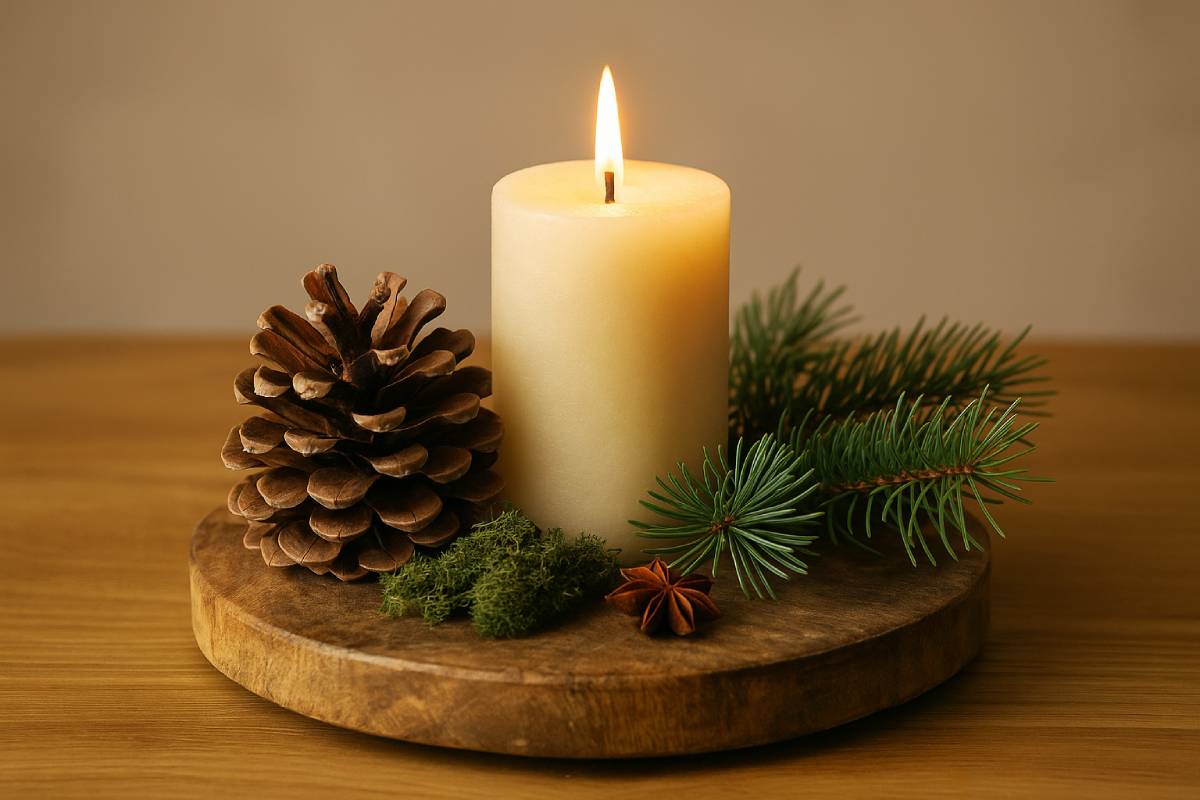 pine cones and candles on wooden base