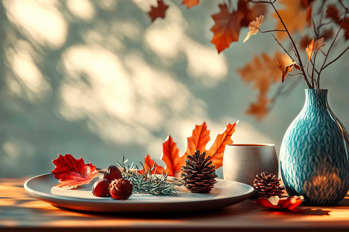 Low dish with pine cones, pine branches and dry leaves
