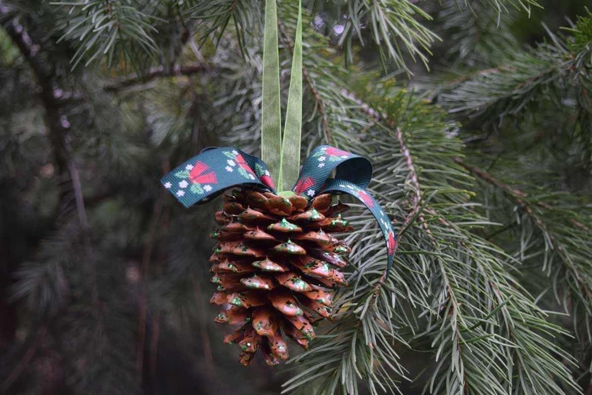 pine cone with ribbon decorated for Christmas tree cover