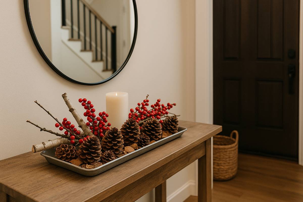 entrance with low cost decorations with berries and pine cones
