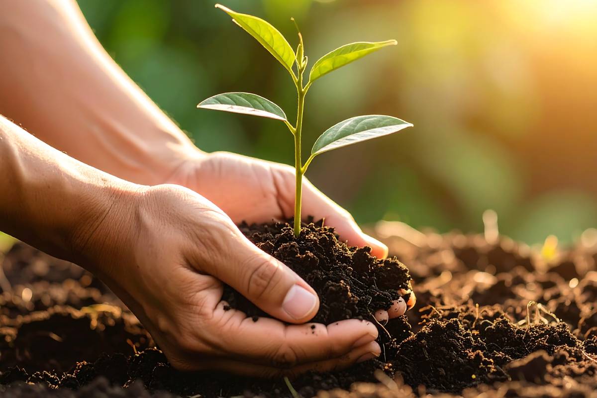 hands hold portion of regenerated soil, with seedling
