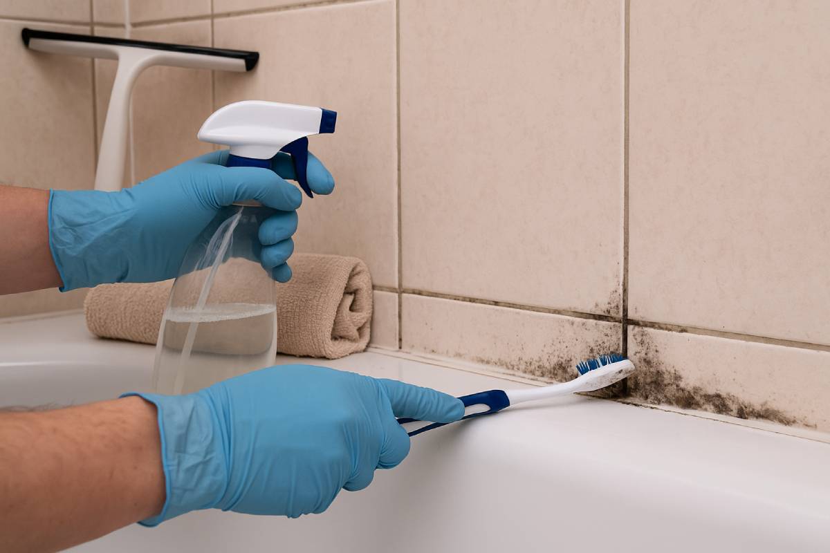 man uses natural degreaser in agno with mold on the tub