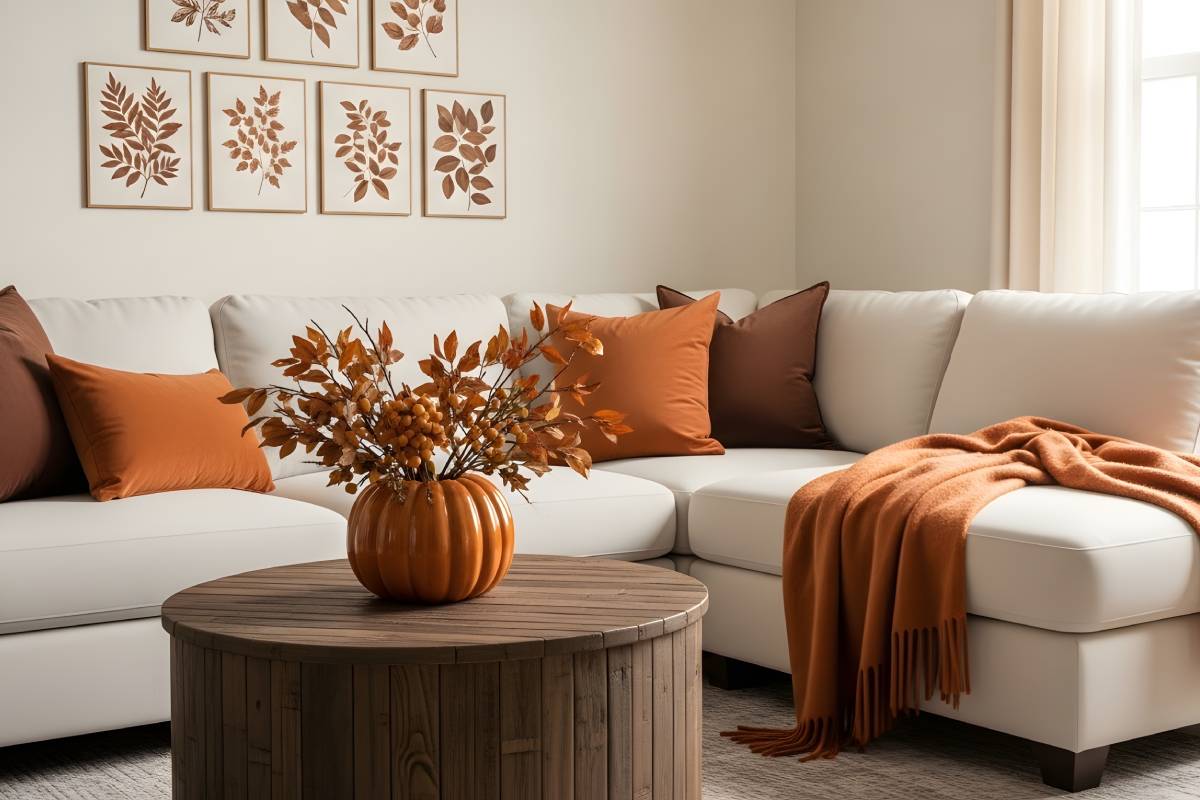 living room in autumn with white sofa, warm-toned cushions and brown blanket