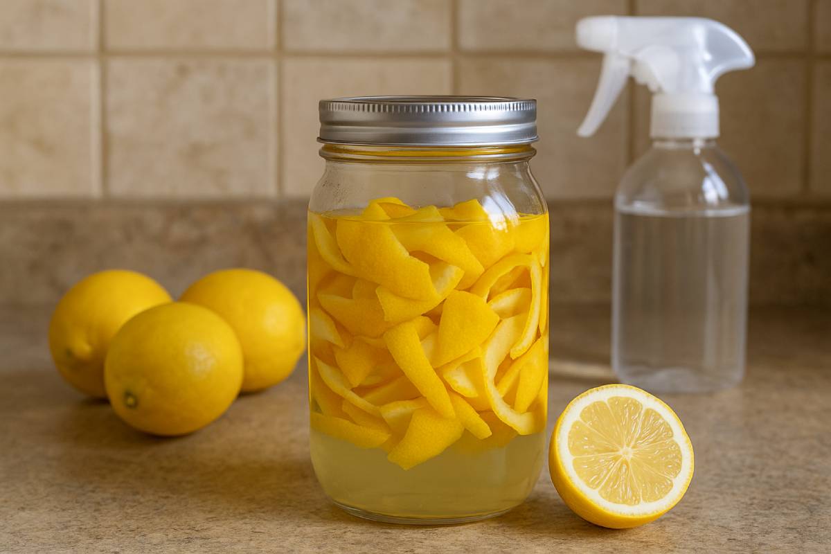 degreaser of macerated lemon peels in the kitchen