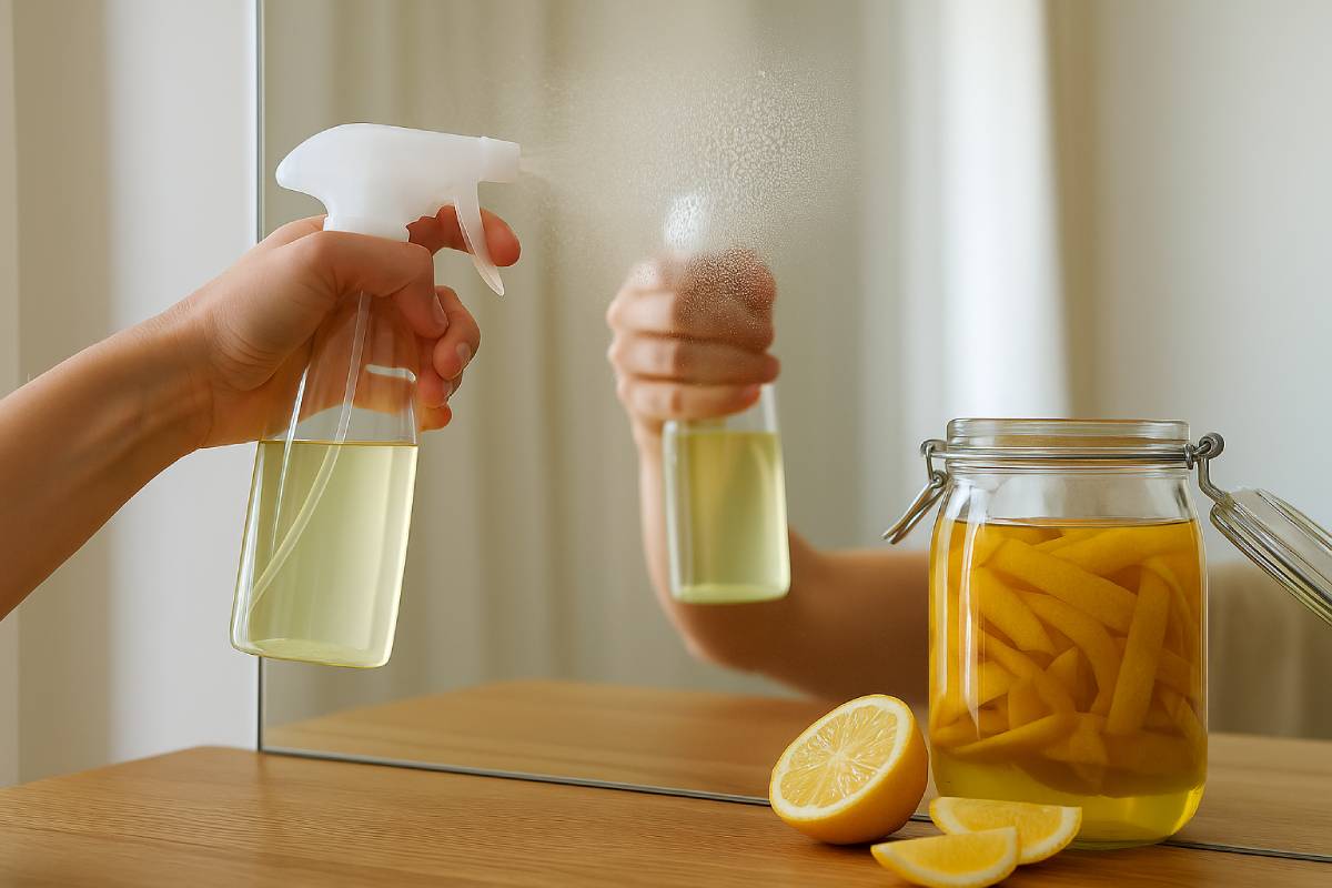hand spraying a natural degreaser with lemon peels on a mirror