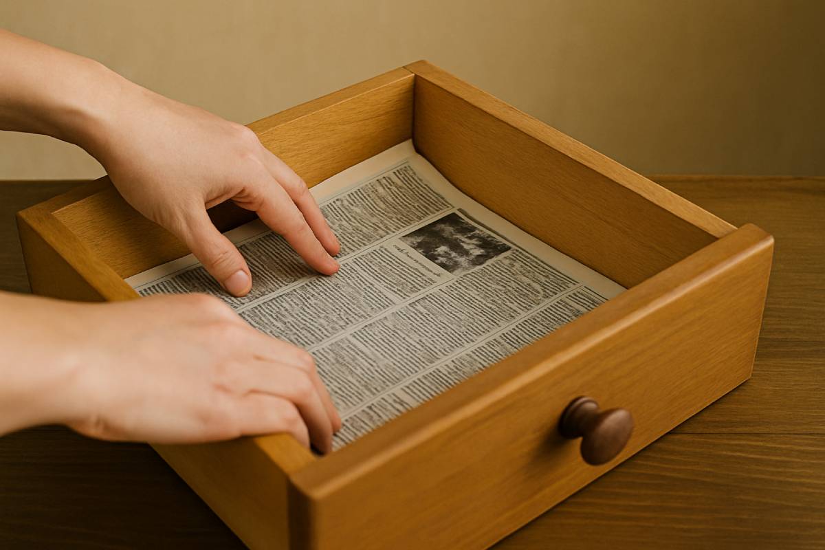 newspaper sheets in wooden drawers 