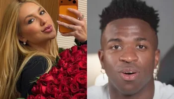 Virginia displays a bouquet of roses and Vini Jr. reacts with an affectionate message