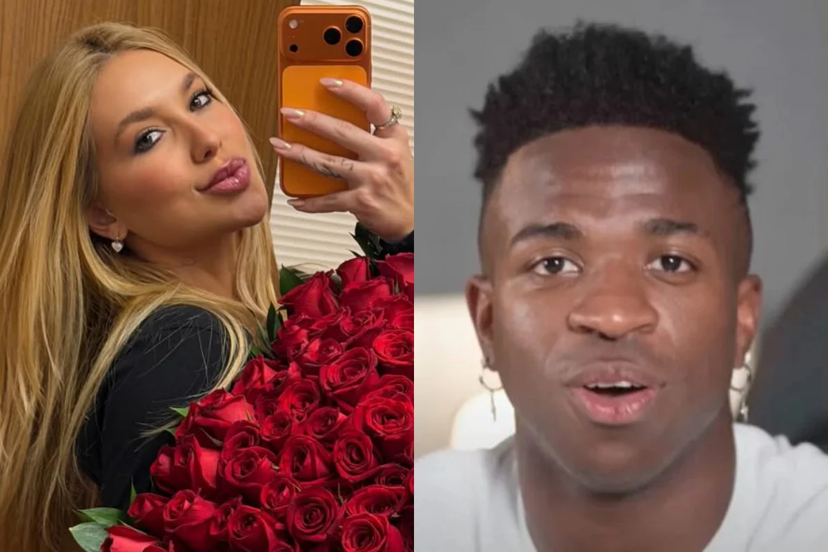 Virginia displays a bouquet of roses and Vini Jr. reacts with an affectionate message