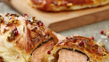 Salmon prepared in this way disappears in a few moments. Wrapped in puff pastry, it tastes amazing
