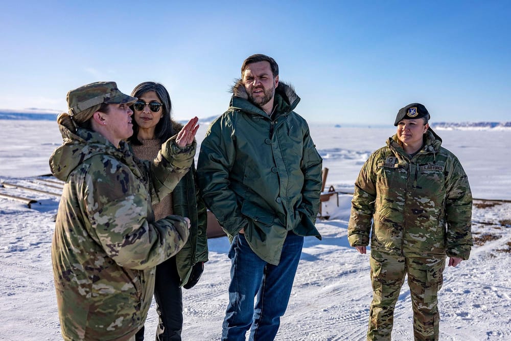 Vice President JD Vance and Second Lady Usha Vance with Col. Susan Meyers (left), commander of U.S. Army Space Base Pituffik, as they visit the base on March 28 in Pituffik, Greenland. (Jim Watson/Getty Images via CNN Newsource)