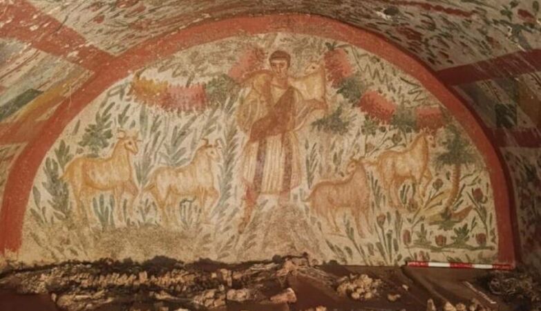 Fresco of Jesus “Good Shepherd”, young and clean-shaven, found in Türkiye
