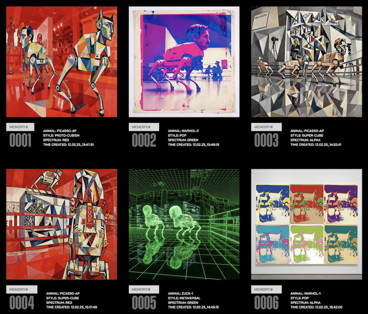 Robot dogs with heads like Musk, Bezos and Zuck defecate AI-made art. It's an installation