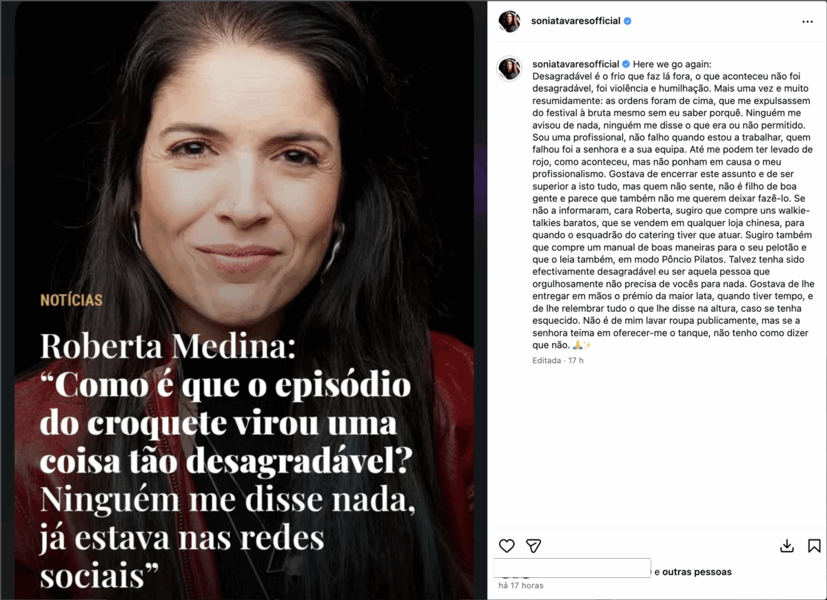 Sónia Tavares responds to Roberta Medina: “It was you and your team who failed…”