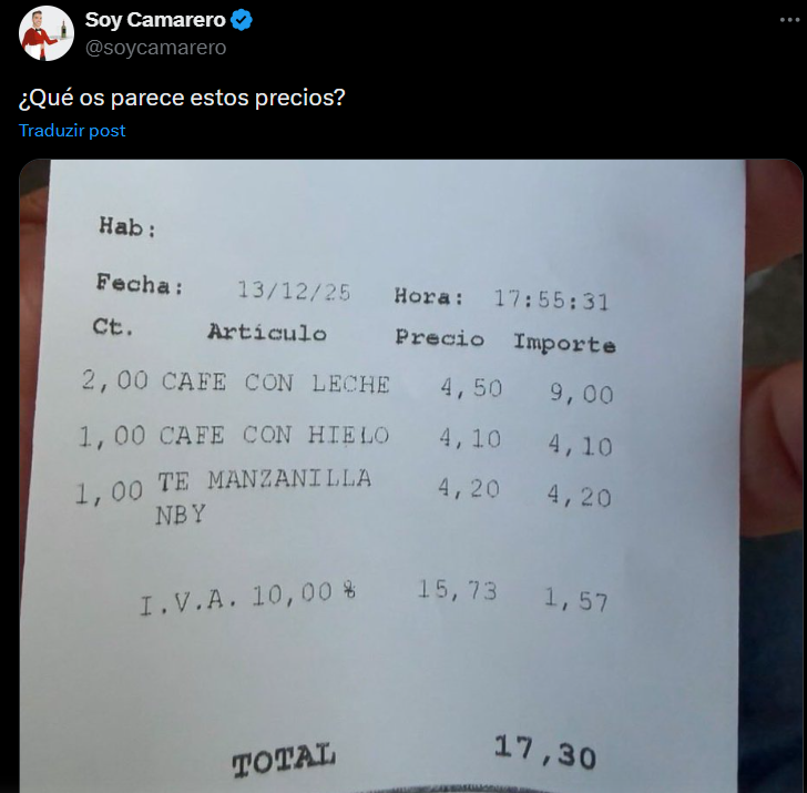 “An armed robbery”: Spaniards shocked by the price of 3 coffees and a tea at this café 'next door'