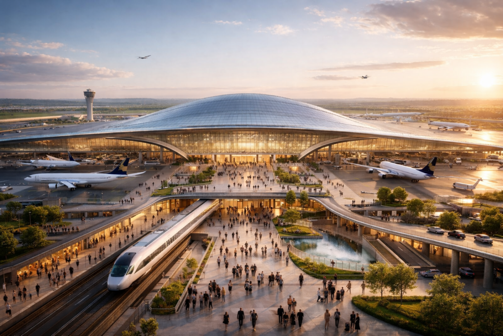 Aeroporto com linha ferroviária. Crédito: Foto AI