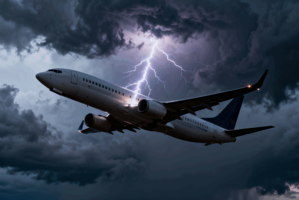 Avião atingido por relâmpago. Crédito: Freepik AI