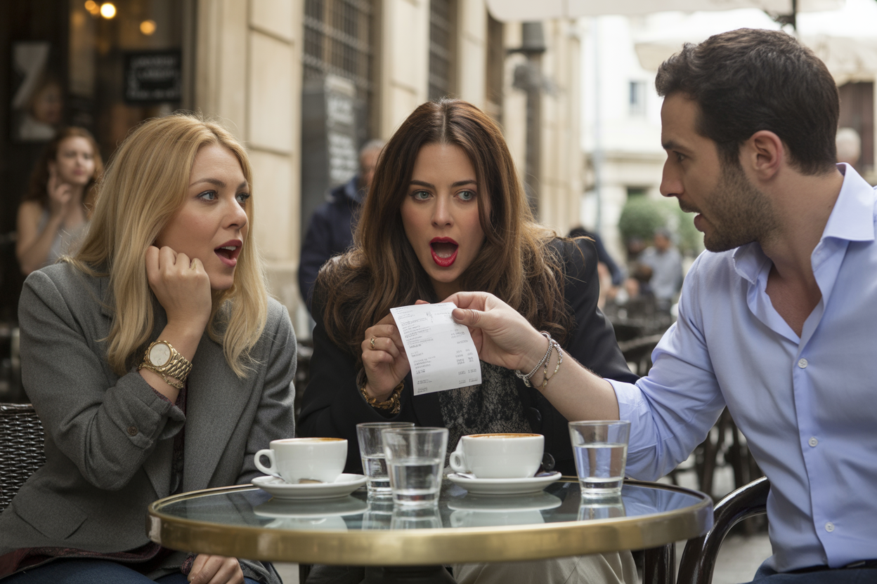 Pessoas chocadas com talão num café. Crédito: Freepik AI