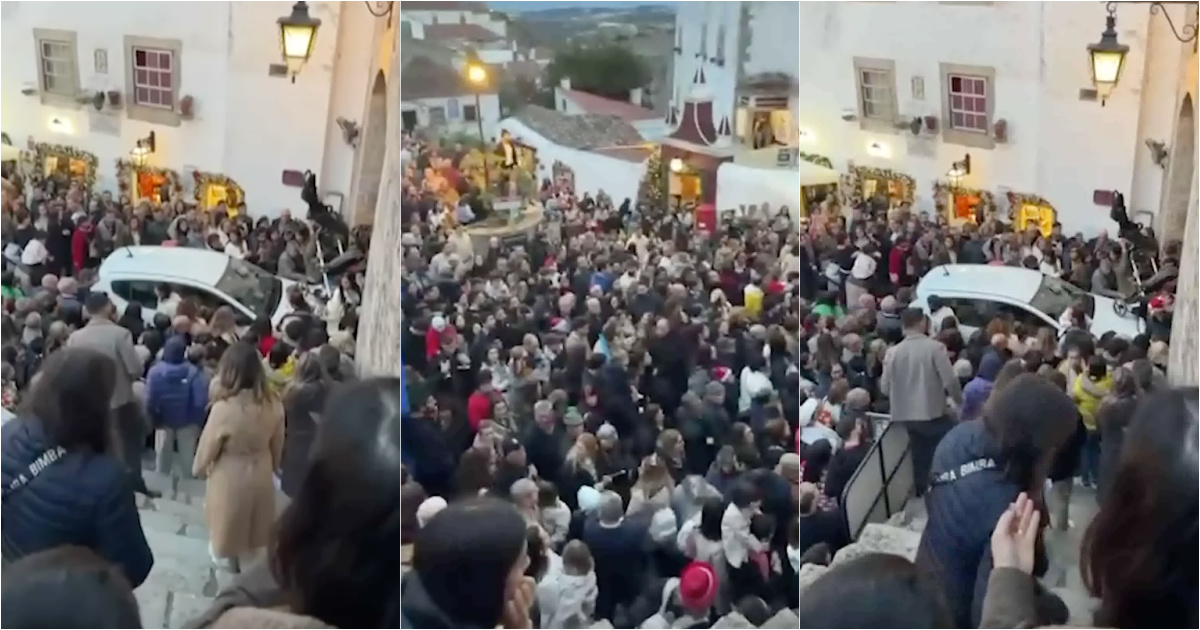 Car invades the Christmas village of Óbidos and causes confusion among visitors