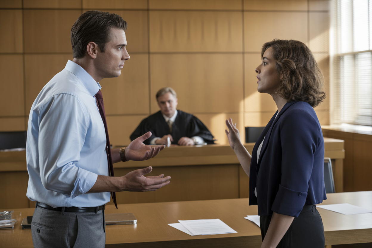 Irmãos a discutir em tribunal. Crédito: Freepik AI