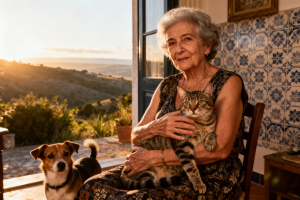 Idosa com animais de estimação. Crédito: Freepik AI