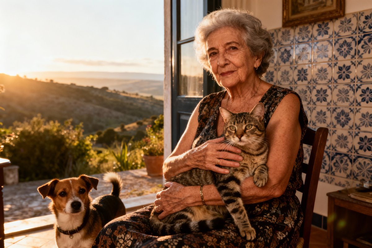 Idosa com animais de estimação. Crédito: Freepik AI