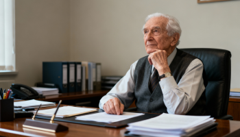 Idoso no escritório. Crédito: Freepik AI