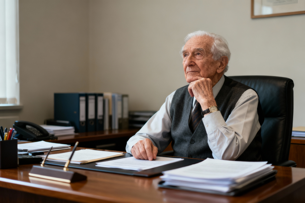 Idoso no escritório. Crédito: Freepik AI