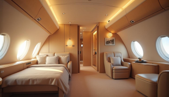Suite de luxo em avião. Crédito: Freepik AI