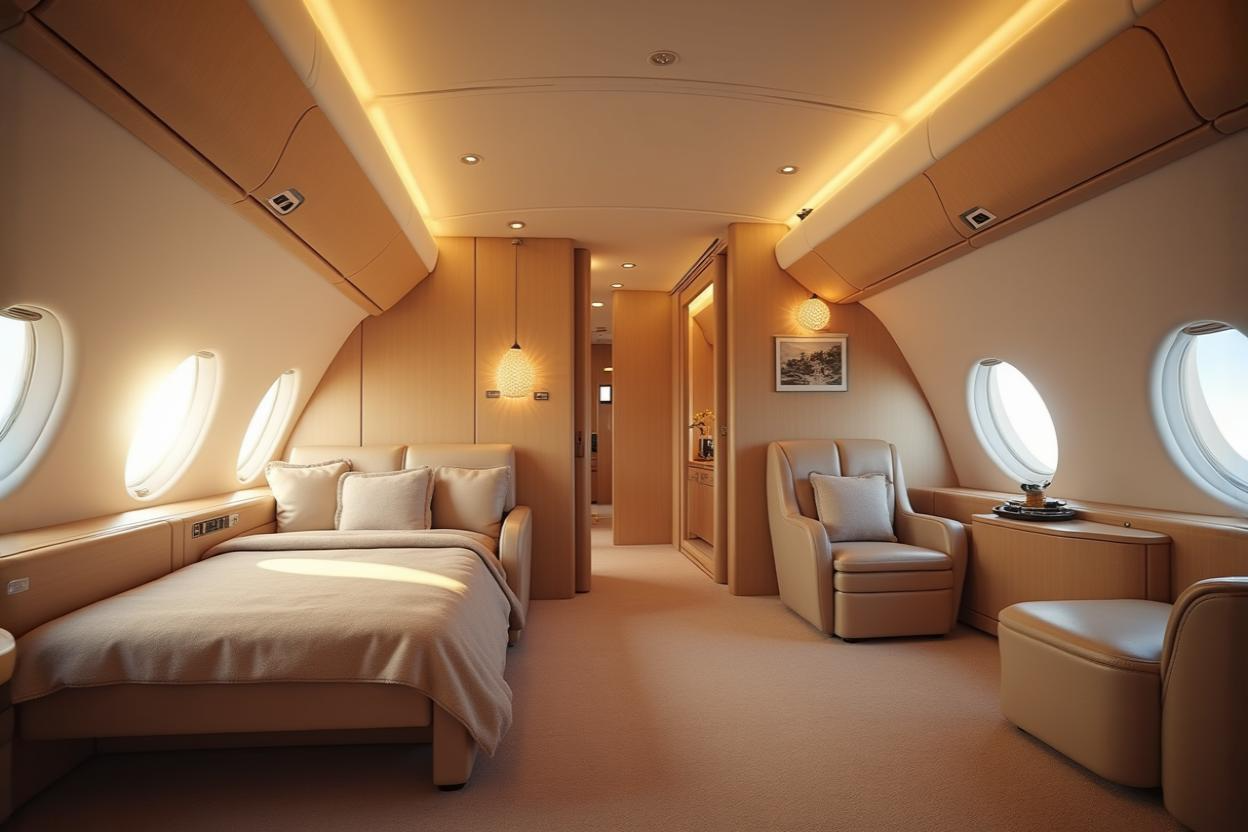 Suite de luxo em avião. Crédito: Freepik AI