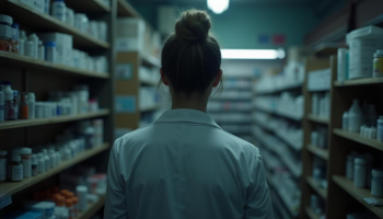 Farmacêutica de costas numa farmácia. Crédito: Freepik AI