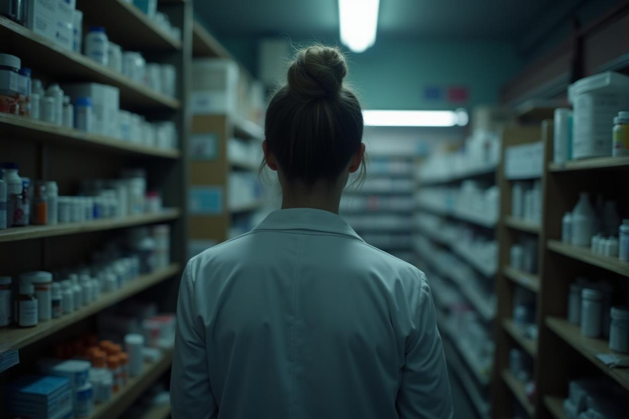 Farmacêutica de costas numa farmácia. Crédito: Freepik AI