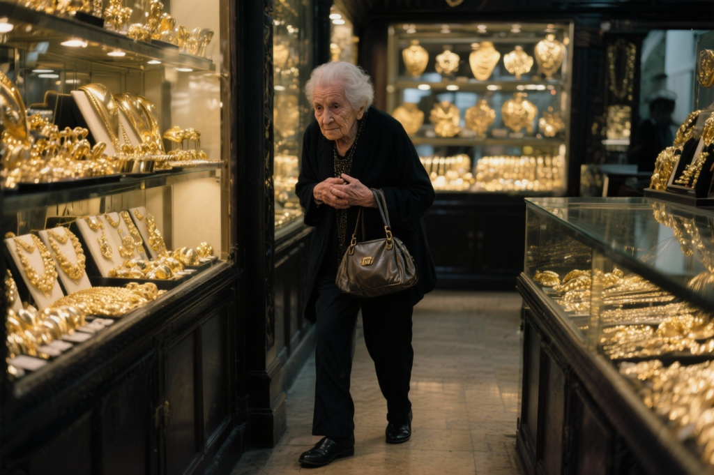 Idosa em loja de ouro. Crédito: Freepik AI