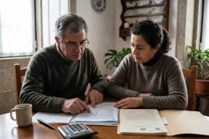 Casal sentando à mesa a analisar as suas finanças. Crédito: Freepik AI