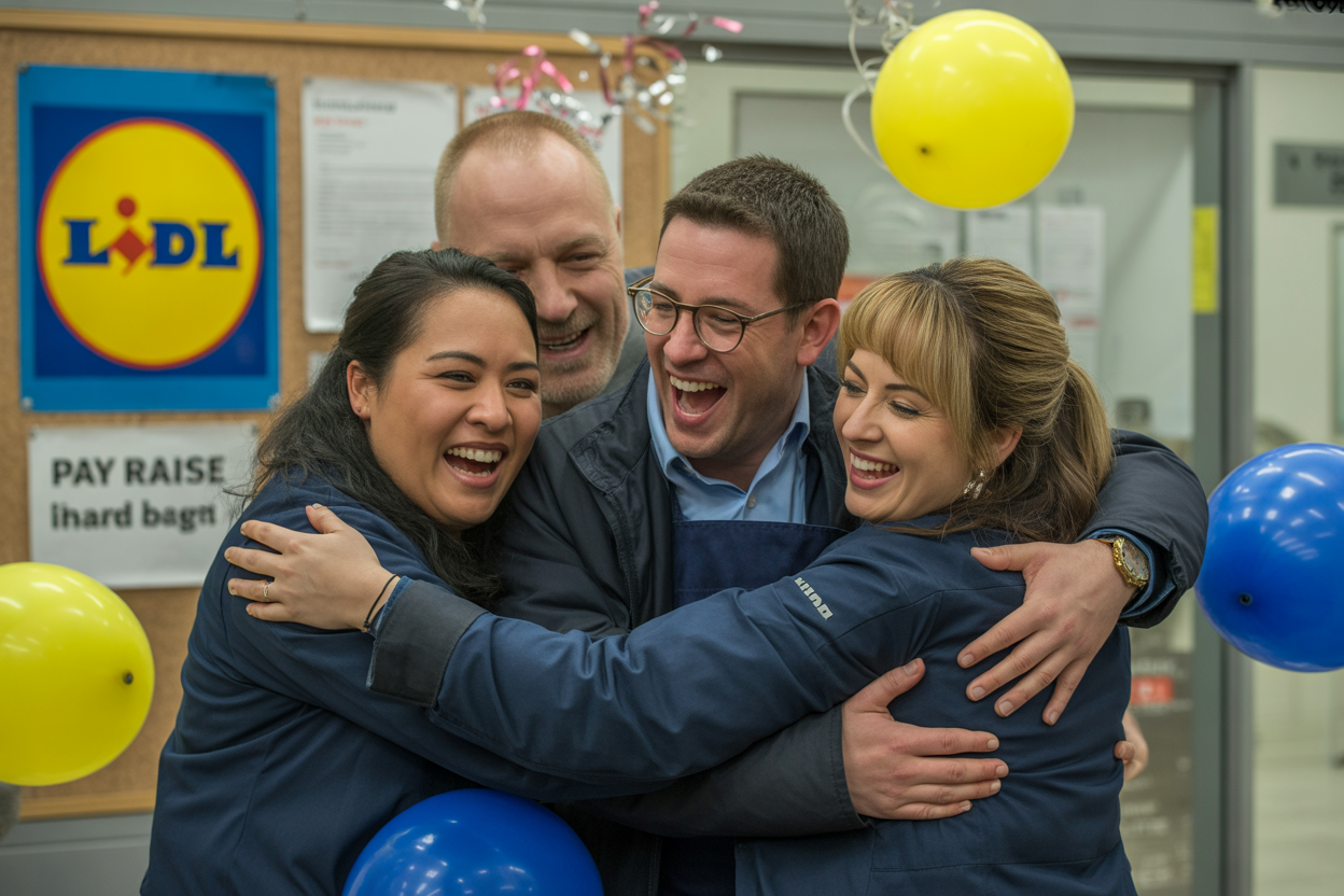 Funcionários do Lidl a festejar aumento de salários. Crédito: Freepik AI