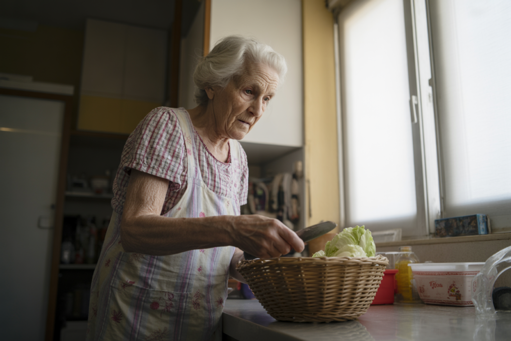Idosa a preparar uma refeição. Crédito: Freepik AI