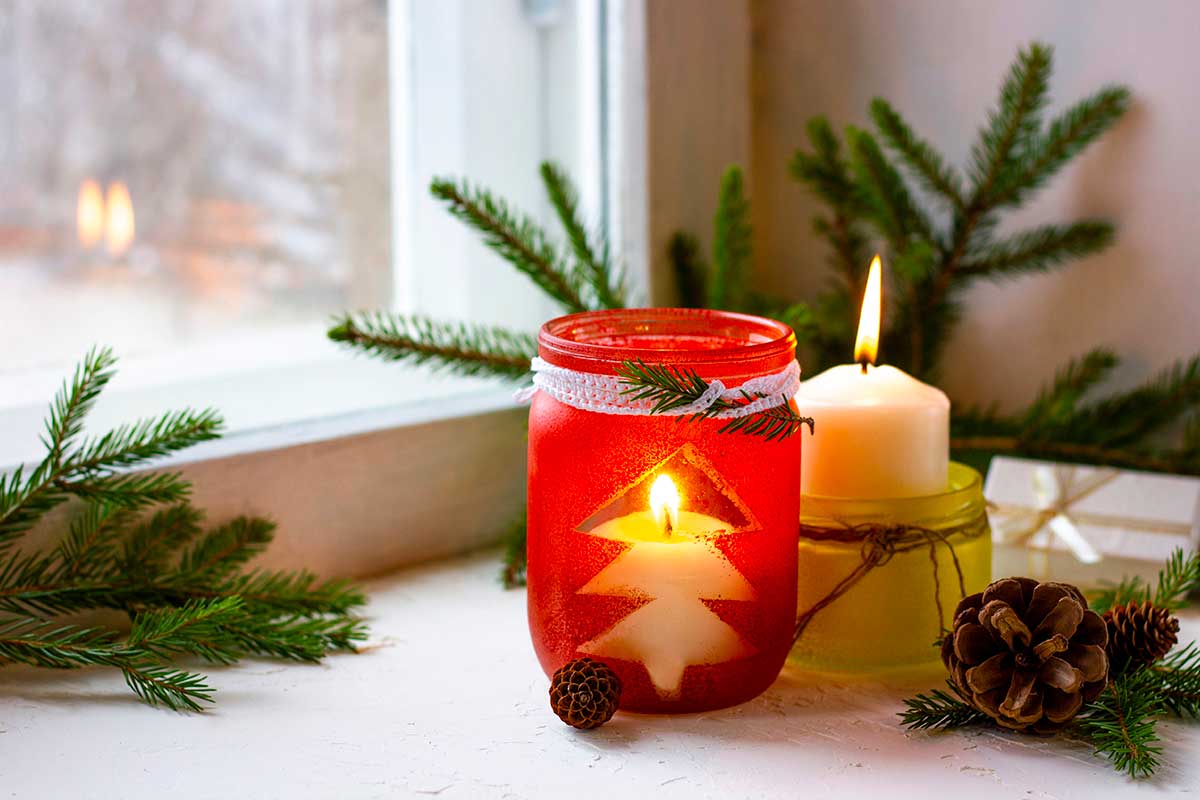 Christmas red jar with candle