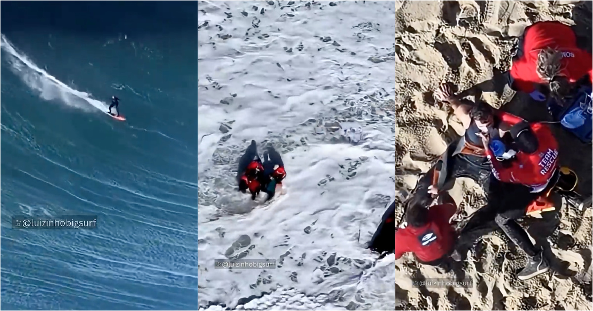 Brazilian surfer falls in Nazaré while trying to film giant wave and ends up in hospital