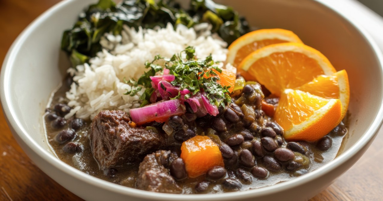 Feijoada served with rice, stewed kale and orange slices. /puttipongsong /123RF/PICSEL