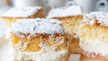 Sponge cake with apples and whipped cream melts in your mouth. The best dessert for coffee and tea