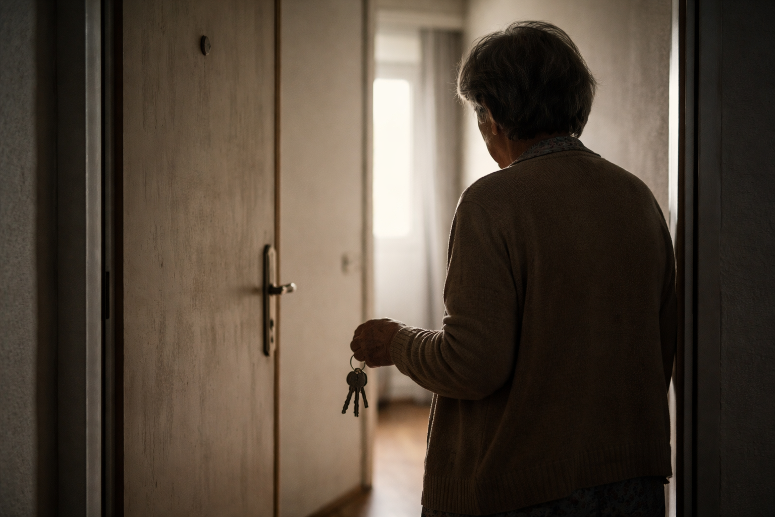 Mulher em casa segura um porta-chaves na mão. Crédito: Imagem gerada por IA